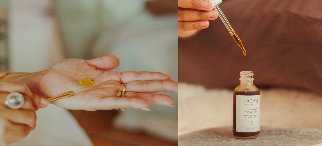 Transition your skincare routine — Queen of the Winter Oil and Sunrise Oil together showing the texture of both products